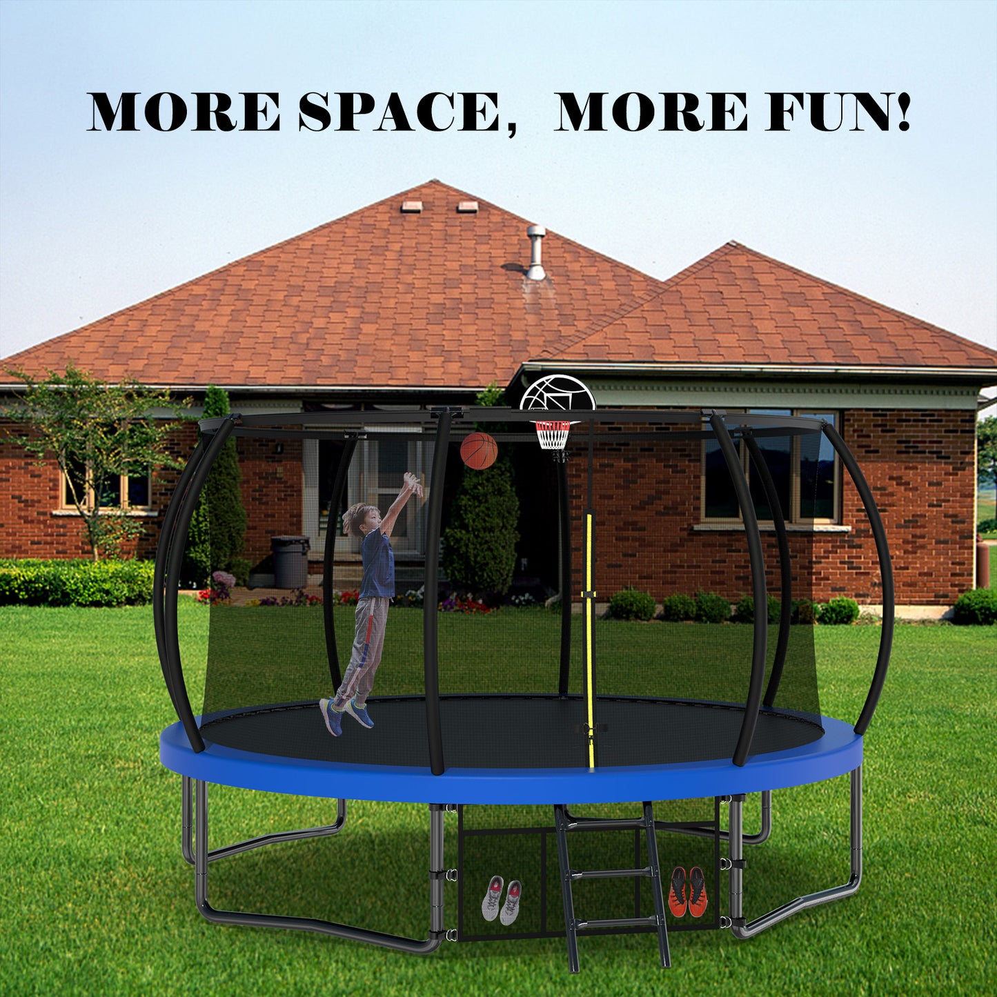 12FT Recreational Kids Trampoline with Safety Enclosure Net & Ladder, Outdoor Recreational Trampolines